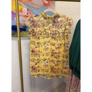 Yellow Floral Lace Ruffle Blouse Womens Romantic Boho Cottagecore Large